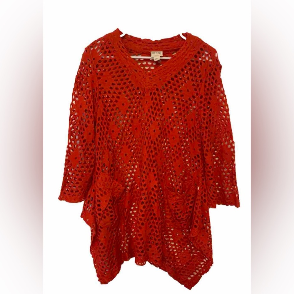 Sand & Spirit Women Size Large Red Beach Coverup Hole-Knit Sweater 3/4 Sleeves